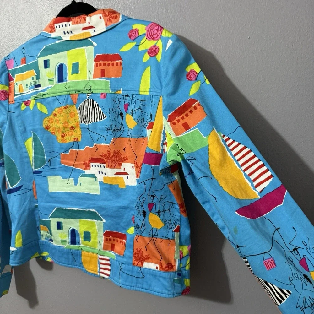 Vtg Women's Jacket Coat Sz 12 Funky Art To Wear Full Zip Houses Boats Travel 90s